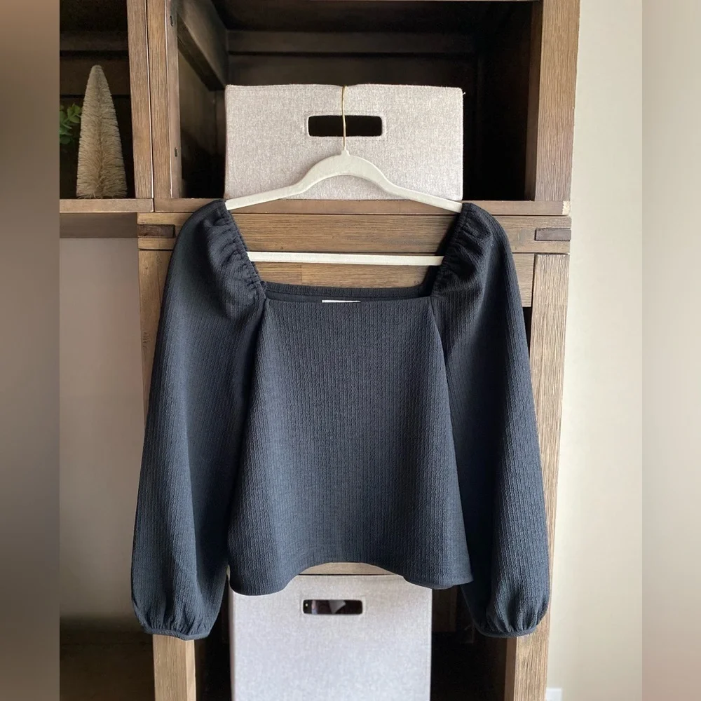 Madewell crepe square-neck puff-sleeve top black small A63